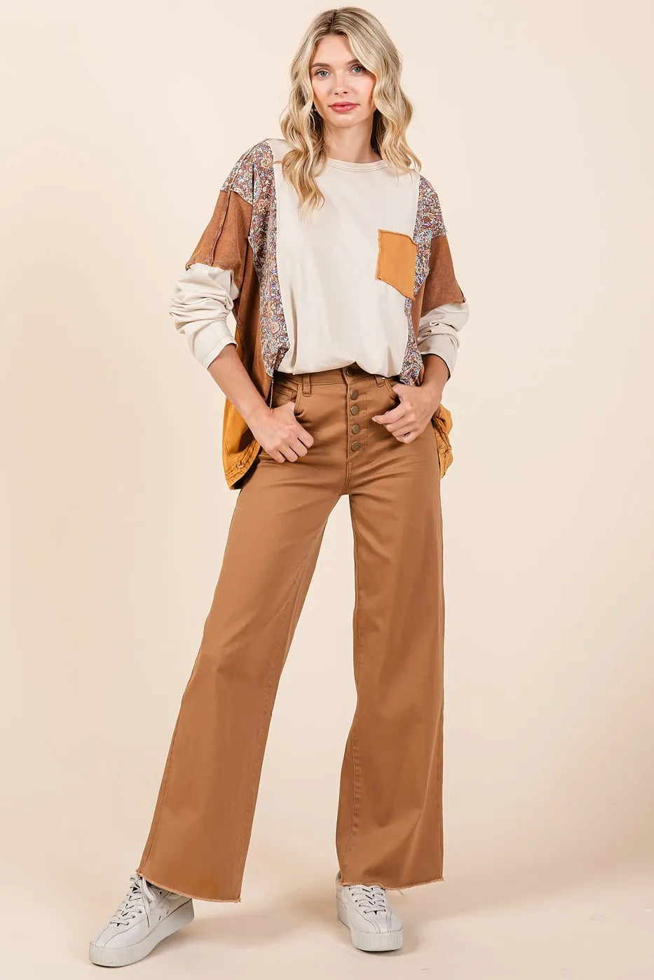 Mittoshop Twill High Waisted Button Fly Wide Leg Pants