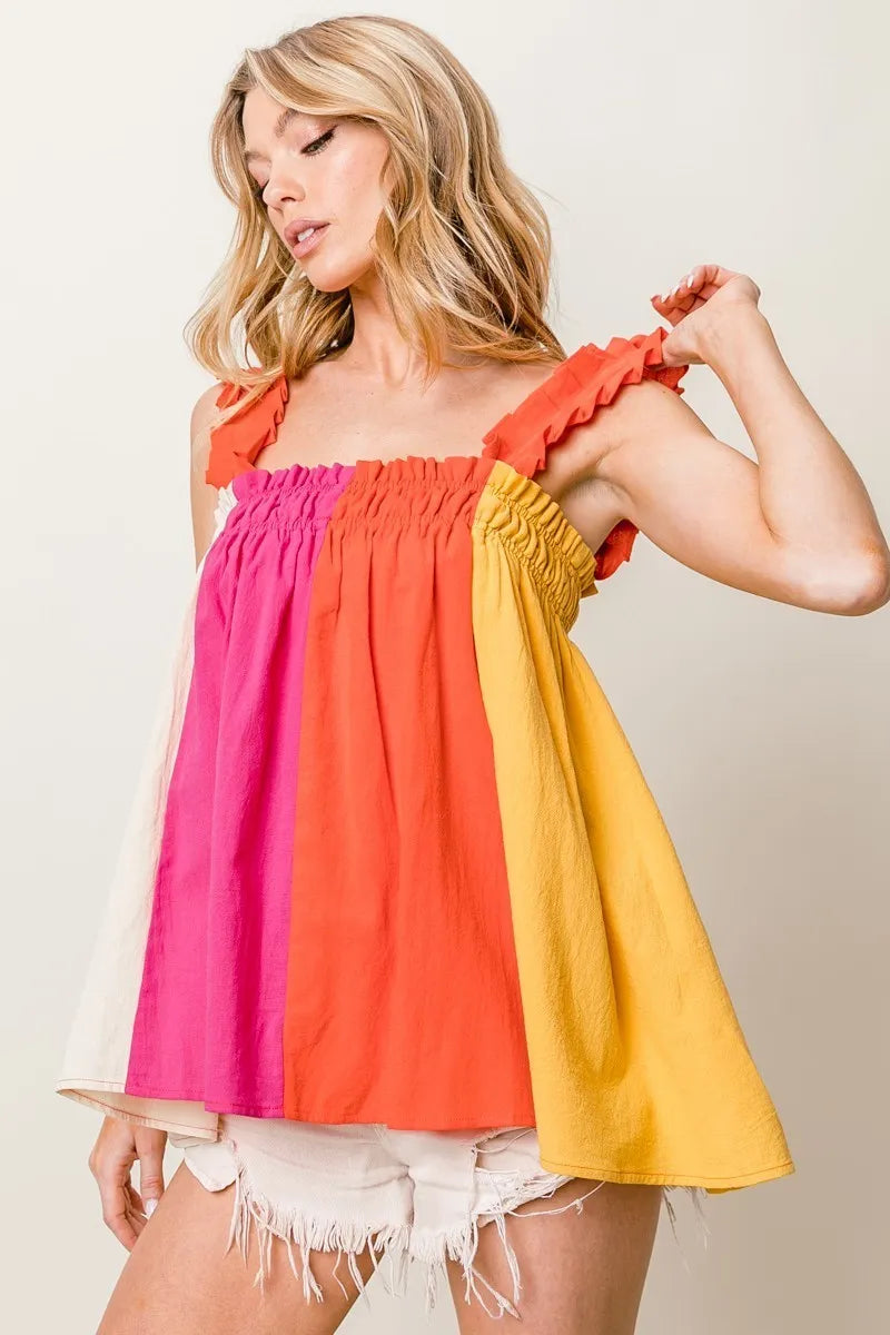 BiBi Frill Shoulder Strap Color Block Bodice Top FUCHSIA CORAL BANANA