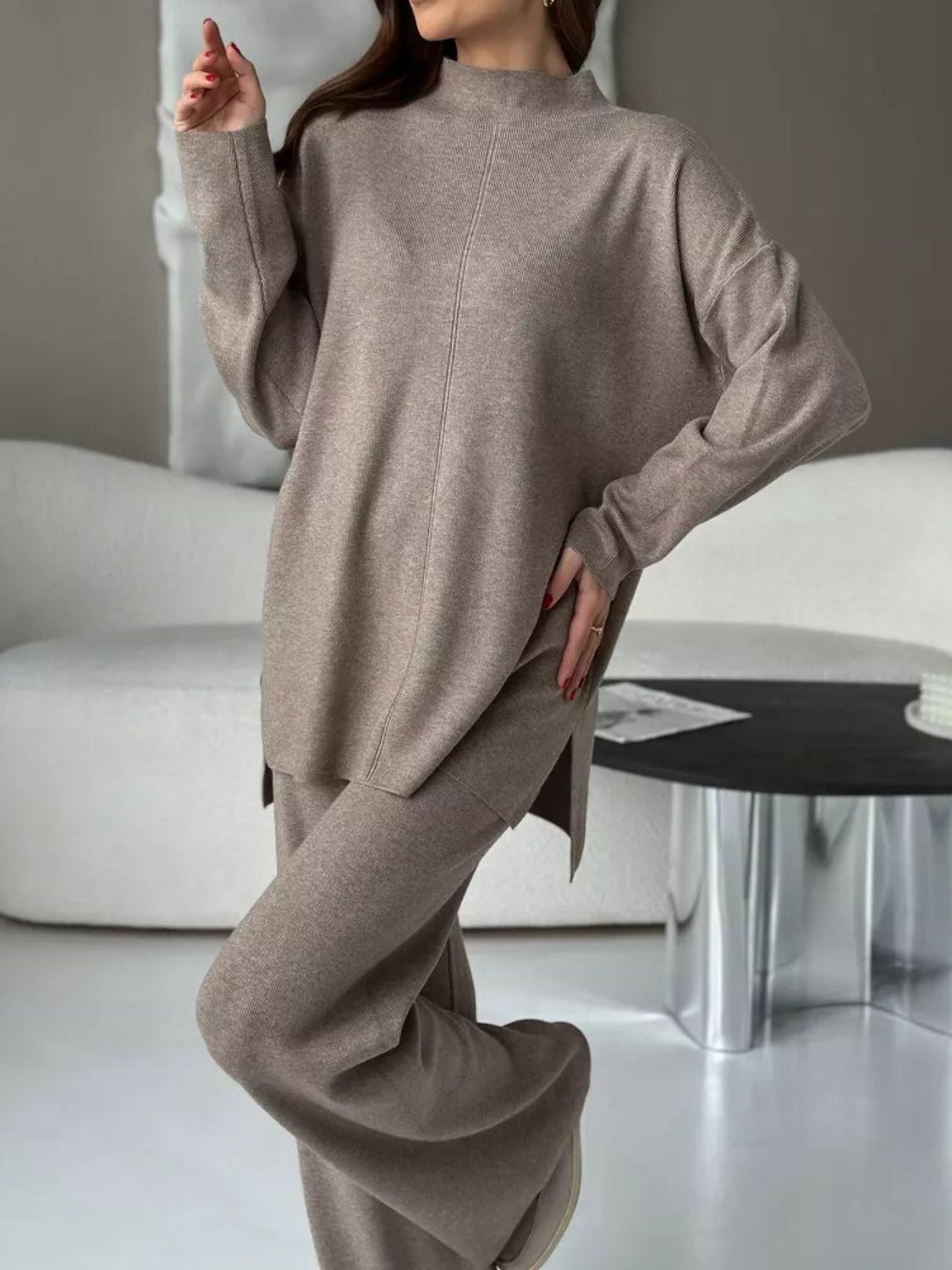 Slit Mock Neck Top and Pants Sweater Set Mocha