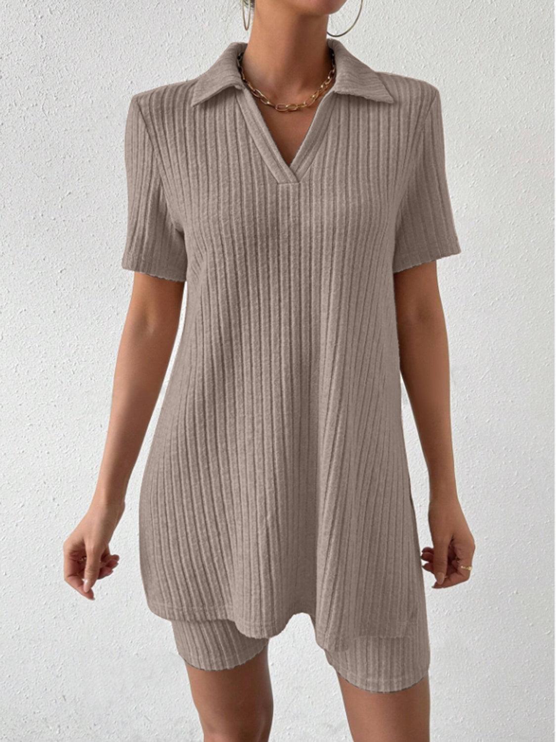 Johnny Collar Short Sleeve Top and Shorts Set Taupe