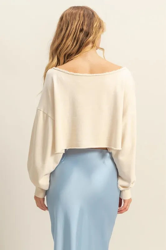HYFVE Frayed Detail Boat Neck Long Sleeve Crop Top