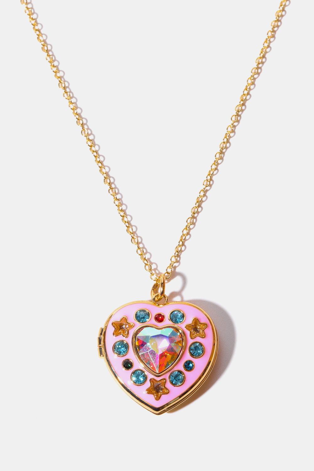 Rhinestone Decor Heart Box Pendant Necklace Gold Pink One Size