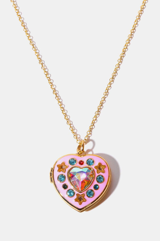 Rhinestone Decor Heart Box Pendant Necklace Gold Pink One Size