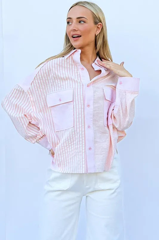And The Why Multi Striped Mix-Match Patched Pocket Shirt BABY PINK