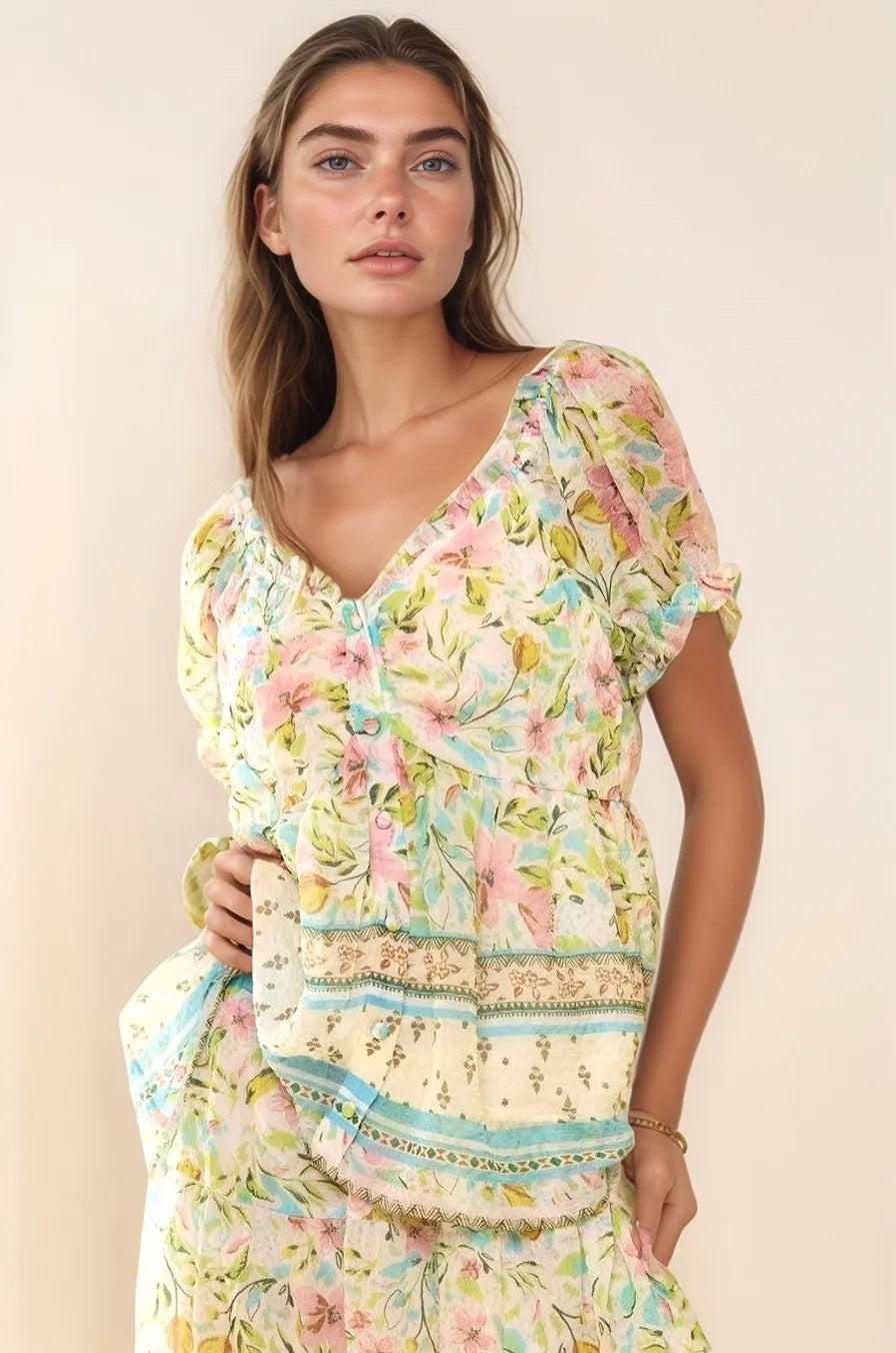 Davi & Dani Spring Floral Border Print Ruffled Textured Top MINT GREEN