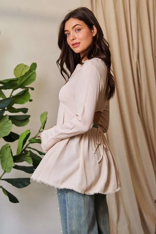 Davi & Dani V-Neck Open Back Adjustable Babydoll Shirt