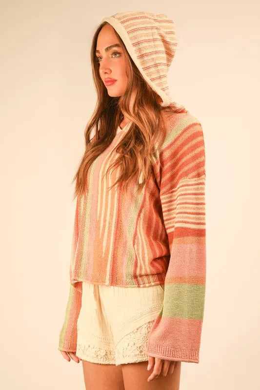 VERY J Multi Color Stripe Long Sleeve Knit Hoodie