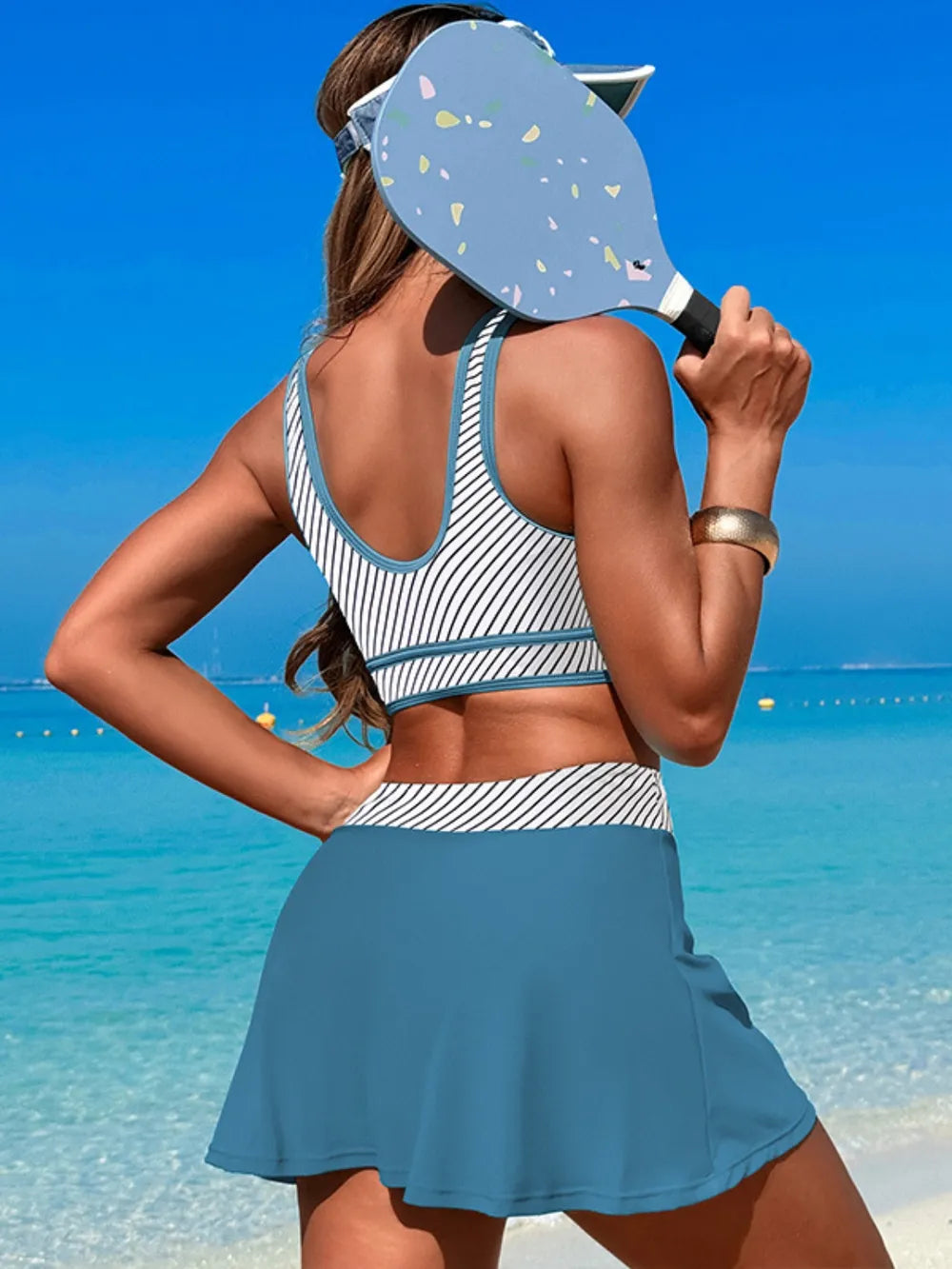 Scoop Neck Top and Skort Swim Set Stripe