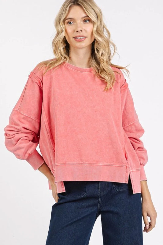 Mittoshop Side Slit Exposed Seam Round Neck Sweatshirt Strawberry
