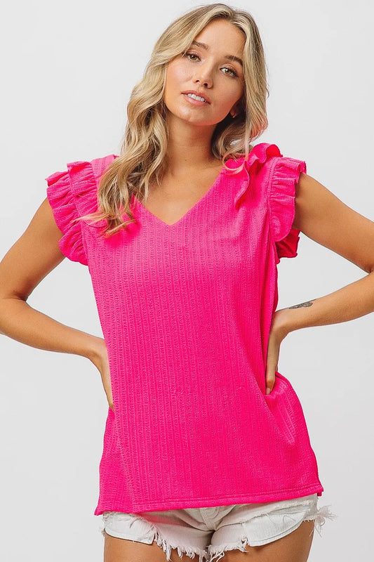 BiBi Layered Ruffles Armhole V-neck Rib Textured Top