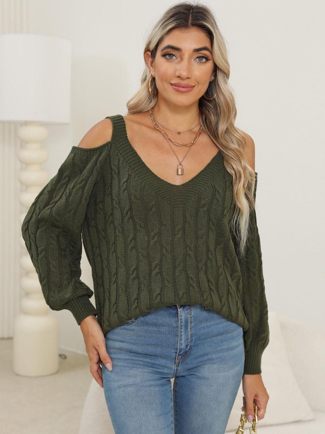 Cable-Knit V-Neck Long Sleeve Sweater Army Green
