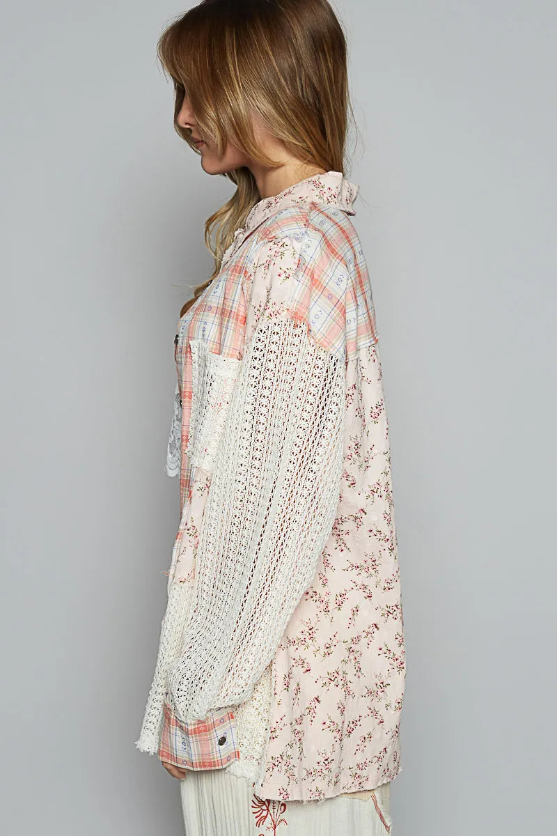 POL Lace Patchwork Floral Button-Up Shirt