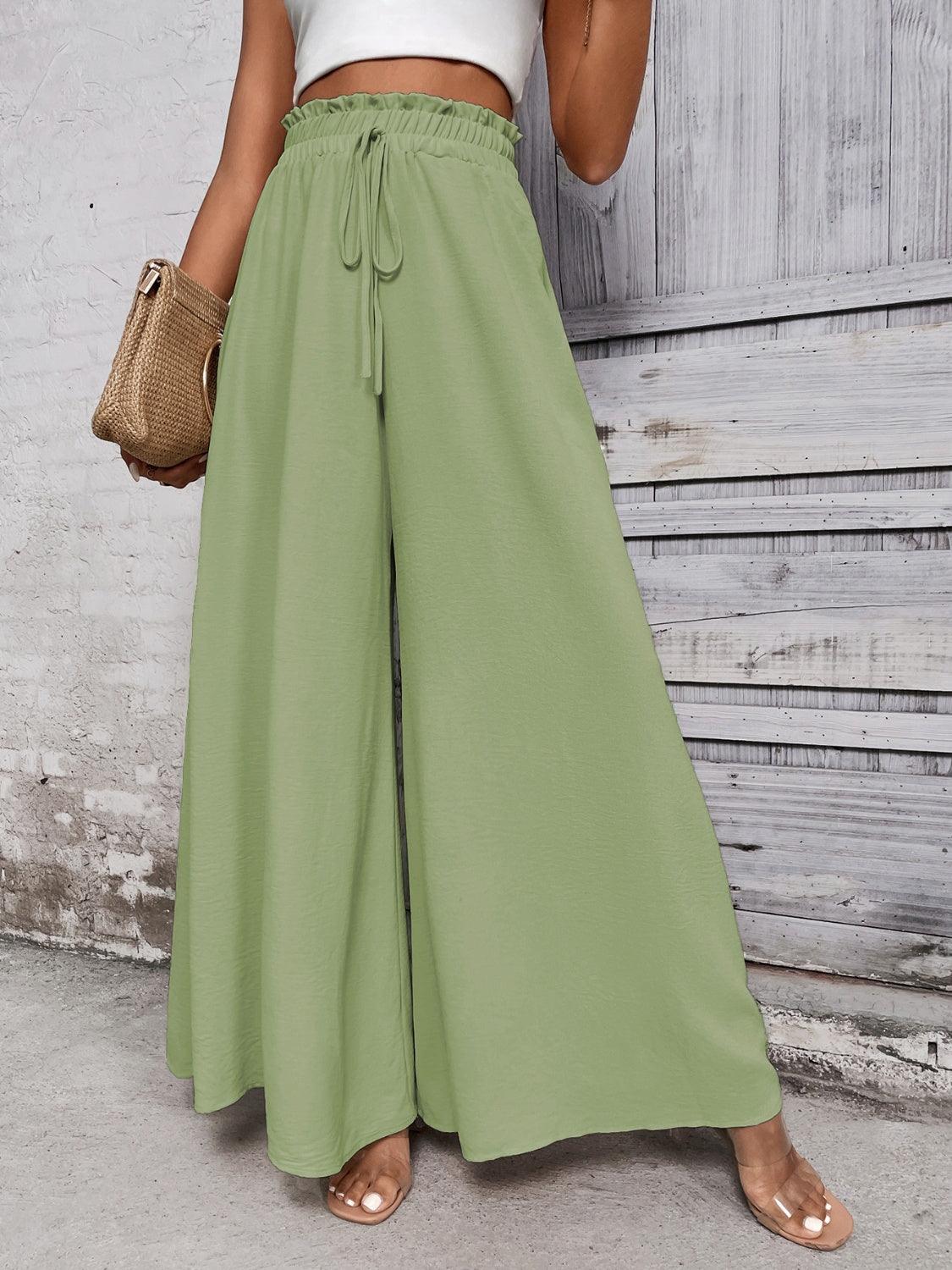 Honey Tied High Waist Wide Leg Pants Light Green