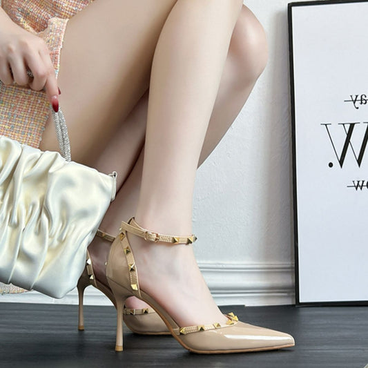 Rivet Detail Point Toe Stiletto Pumps Apricot
