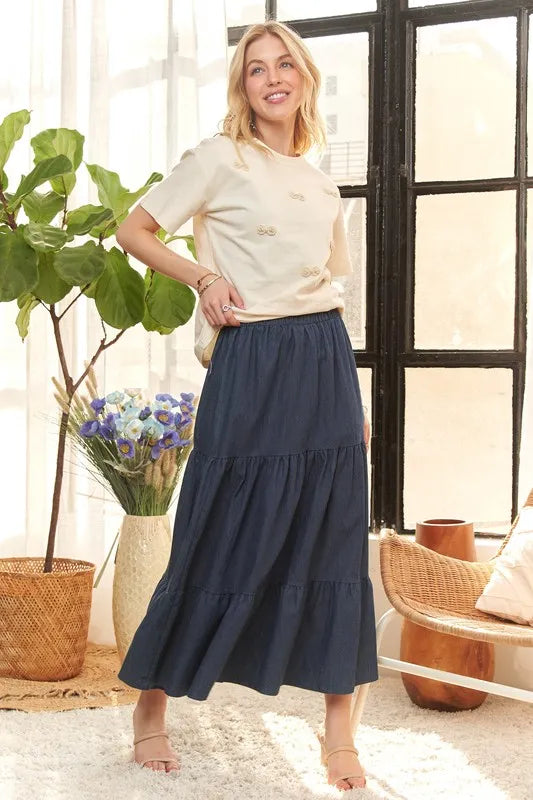 ADORA Waist Band Tiered Denim Maxi Skirt DK DENIM