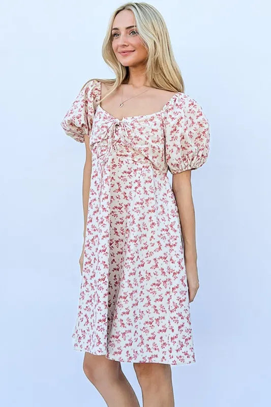 And The Why Lace Up Front Puff Babydoll Dress Pink