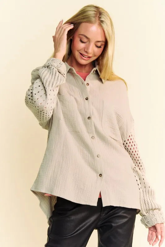 Davi & Dani Crochet Sleeve Crinkled Texture Shirt Khaki
