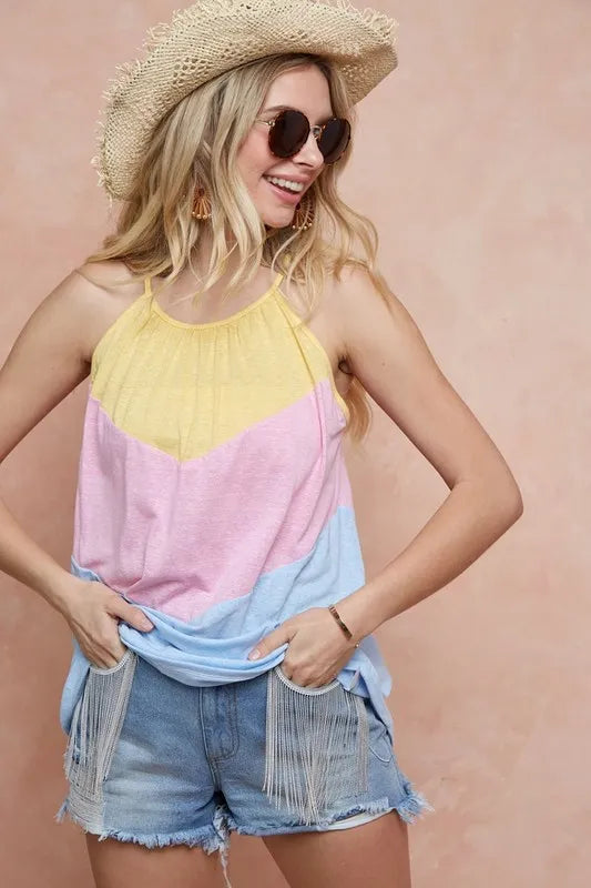 BiBi Triblend Knit Color Block Halter Neck Top