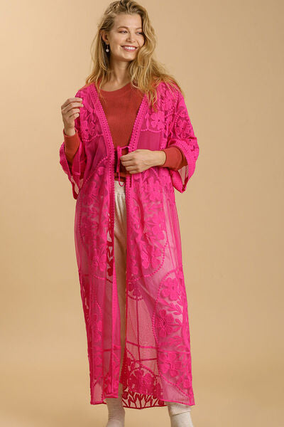 Umgee Full Size Floral Lace Open Front Long Kimono with Waist Tie Plus Size Hot Pink