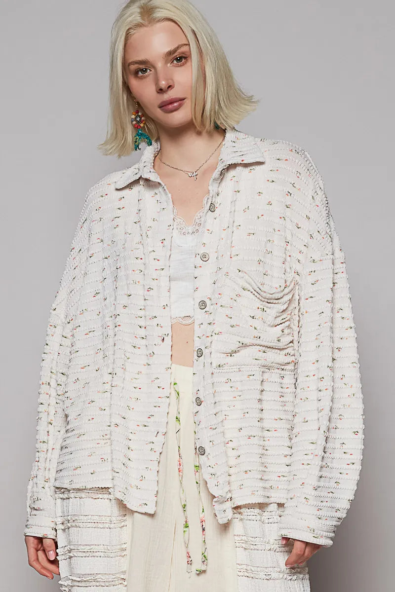 POL Floral Print Textured Button-Up Shirt White