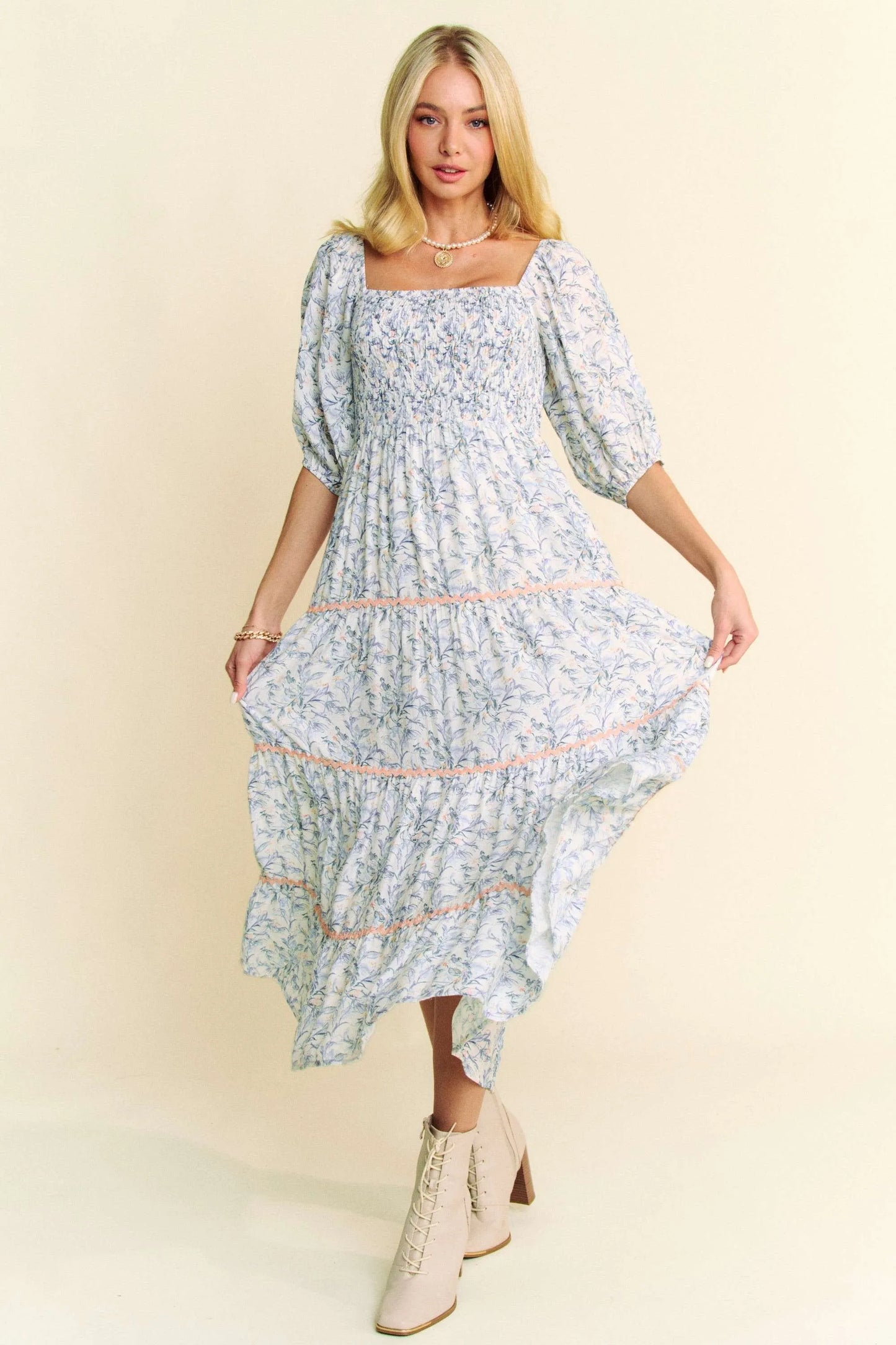 Davi & Dani Contrast Ric Smocking Bodice Tiered Midi Dress BLUE