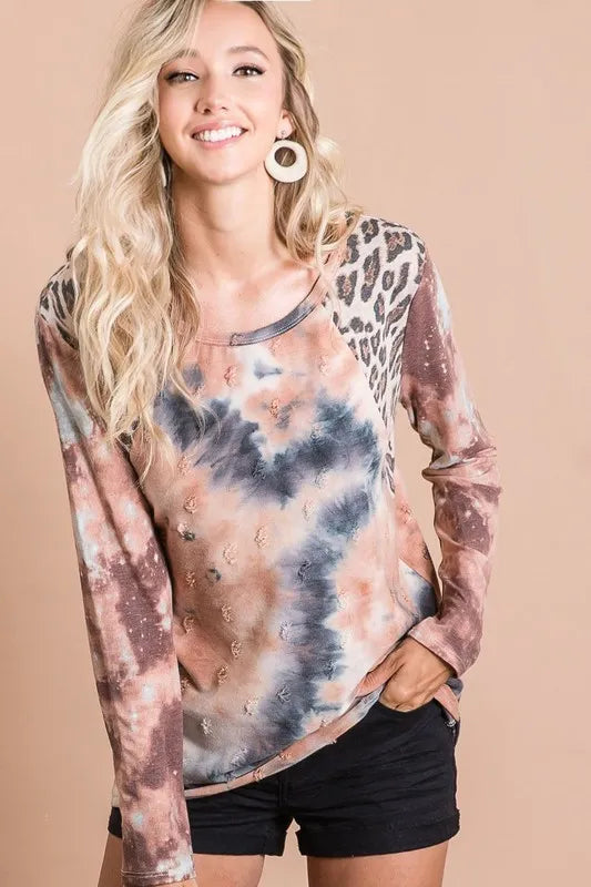 BiBi Tie Dye Distressed Knit Top with Leopard Shoulder
