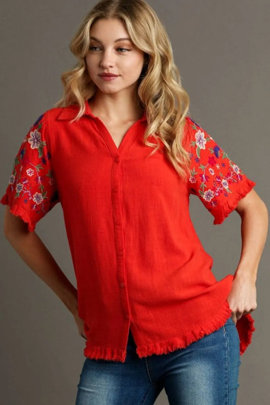 Umgee Full Size Linen Shirt with Embroidered Sleeves Plus Size Red