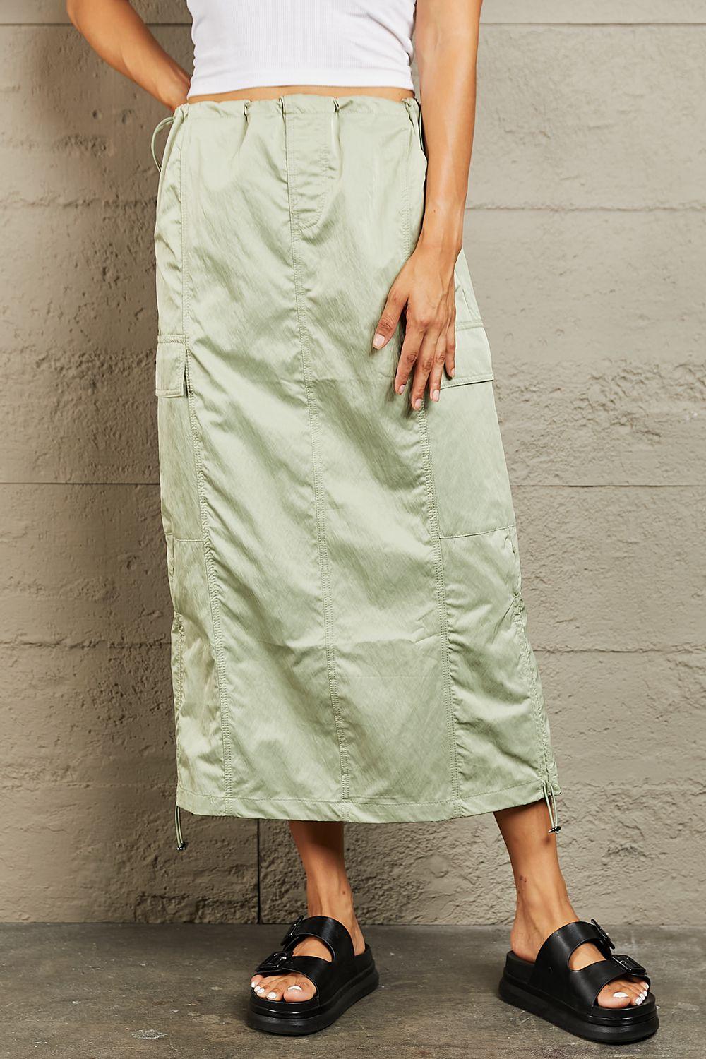 HYFVE High Waisted Cargo Midi Skirt for Women - Just In Time Fashion Light Green