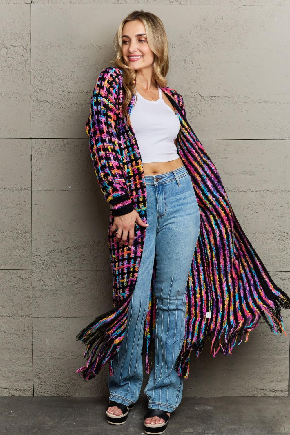 Angel Wings Full Size Multicolored Open Front Fringe Hem Cardigan Multi