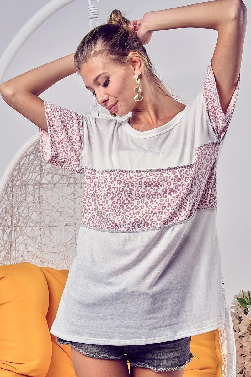 BiBi Triblend Knit with Leopard Block Out Stitching