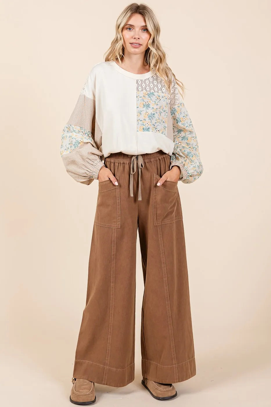 Mittoshop Mineral Wash Wide Leg Elastic Waist Twill Pants