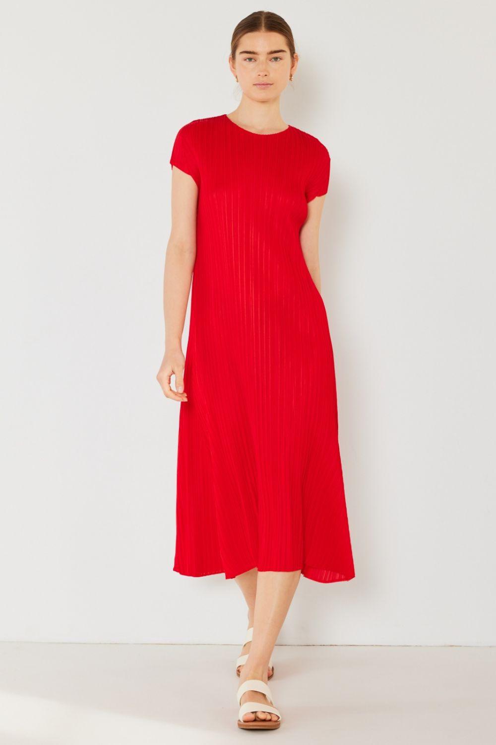 Marina West Swim Pleated Cap Sleeve A-Line Dress Red