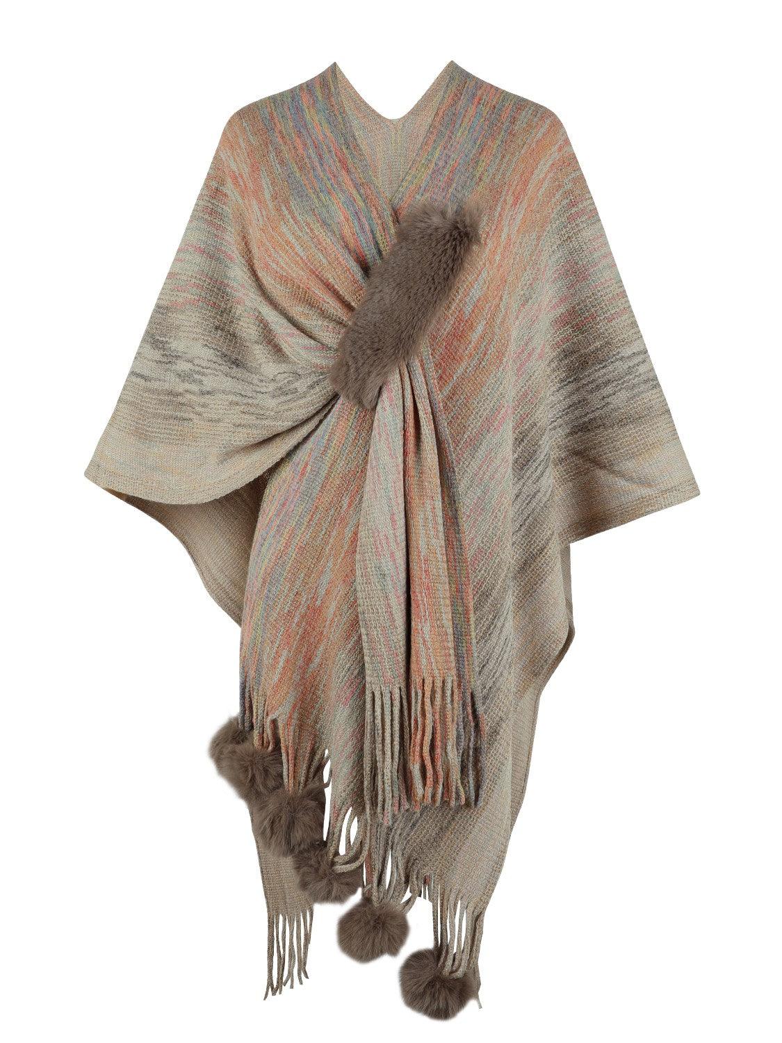 Heathered Fringe Hem Poncho Khaki One Size