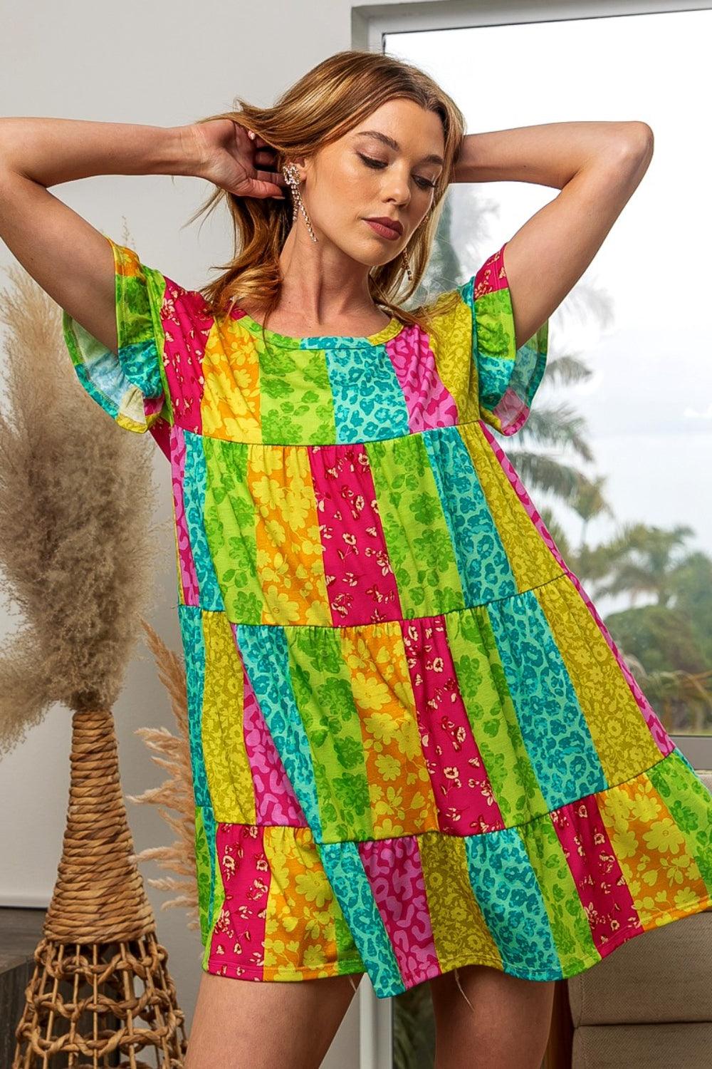 BiBi Leopard Short Sleeve Tiered Mini Dress Fuchsia Neon Green