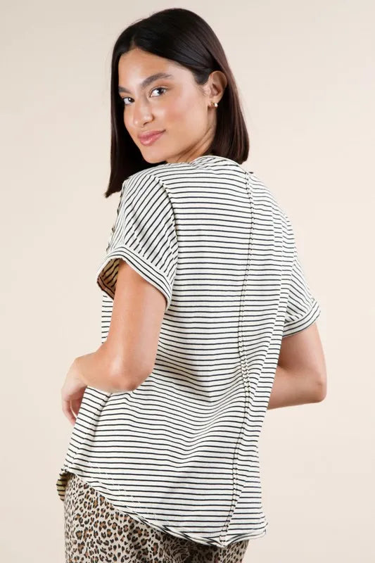 VERY J Striped V-Neck Short Sleeve T-Shirt