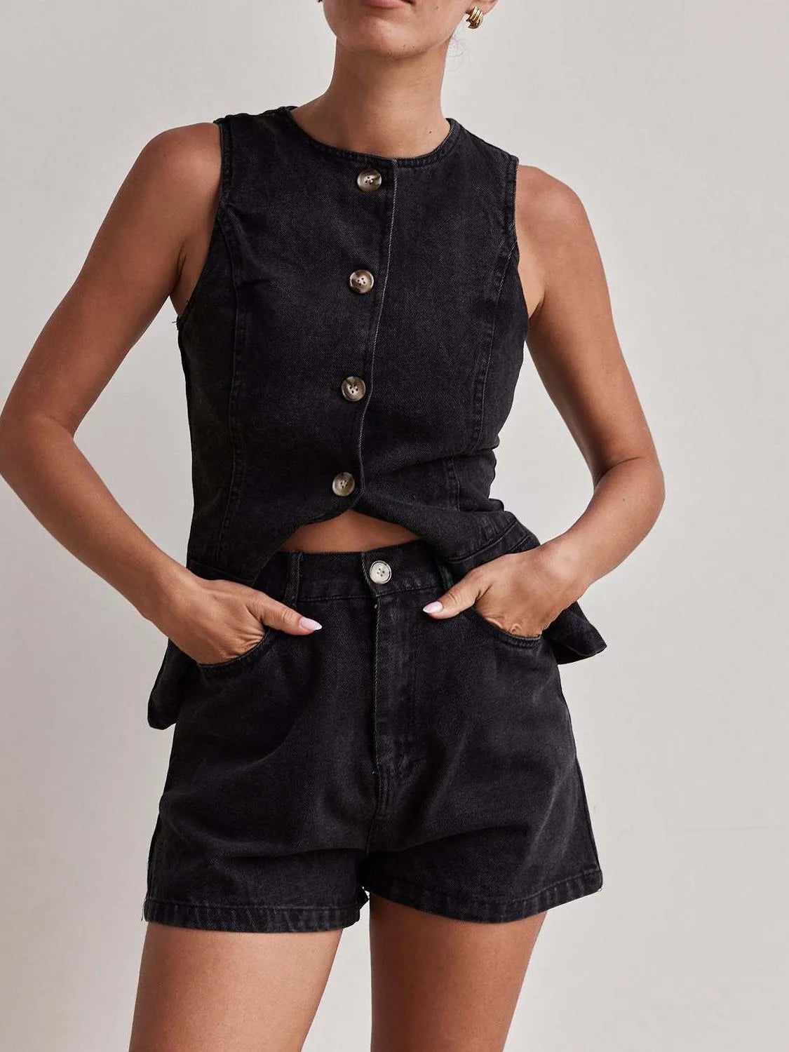 Button Down Vest and Shorts Denim Set Dark