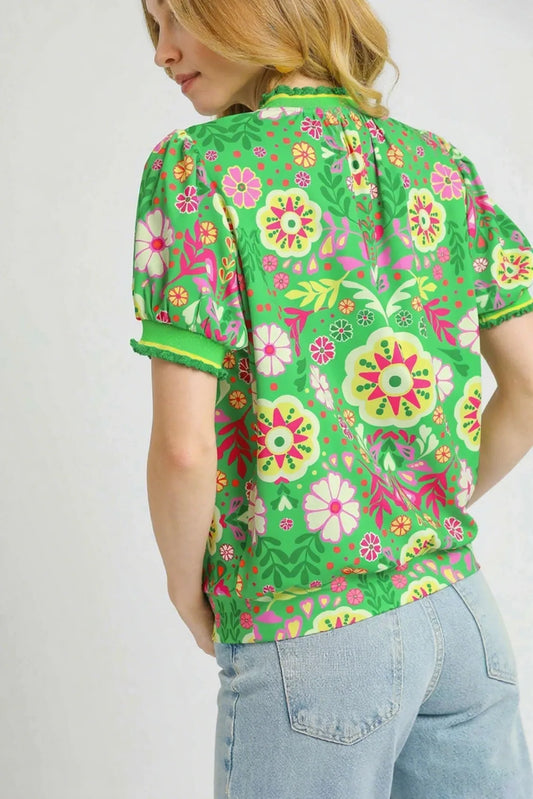 Umgee Retro Floral Puff Sleeve Top