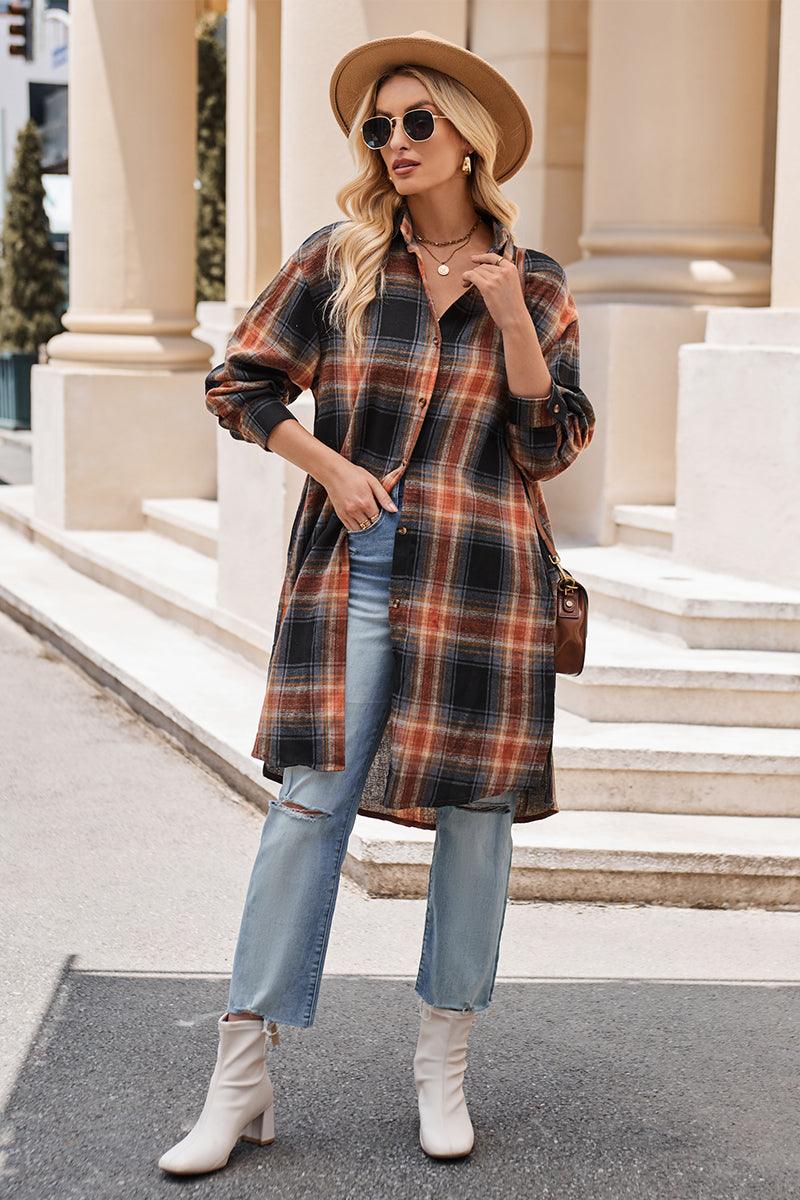 Mandy Plaid Collared Neck Long Sleeve Coat Black