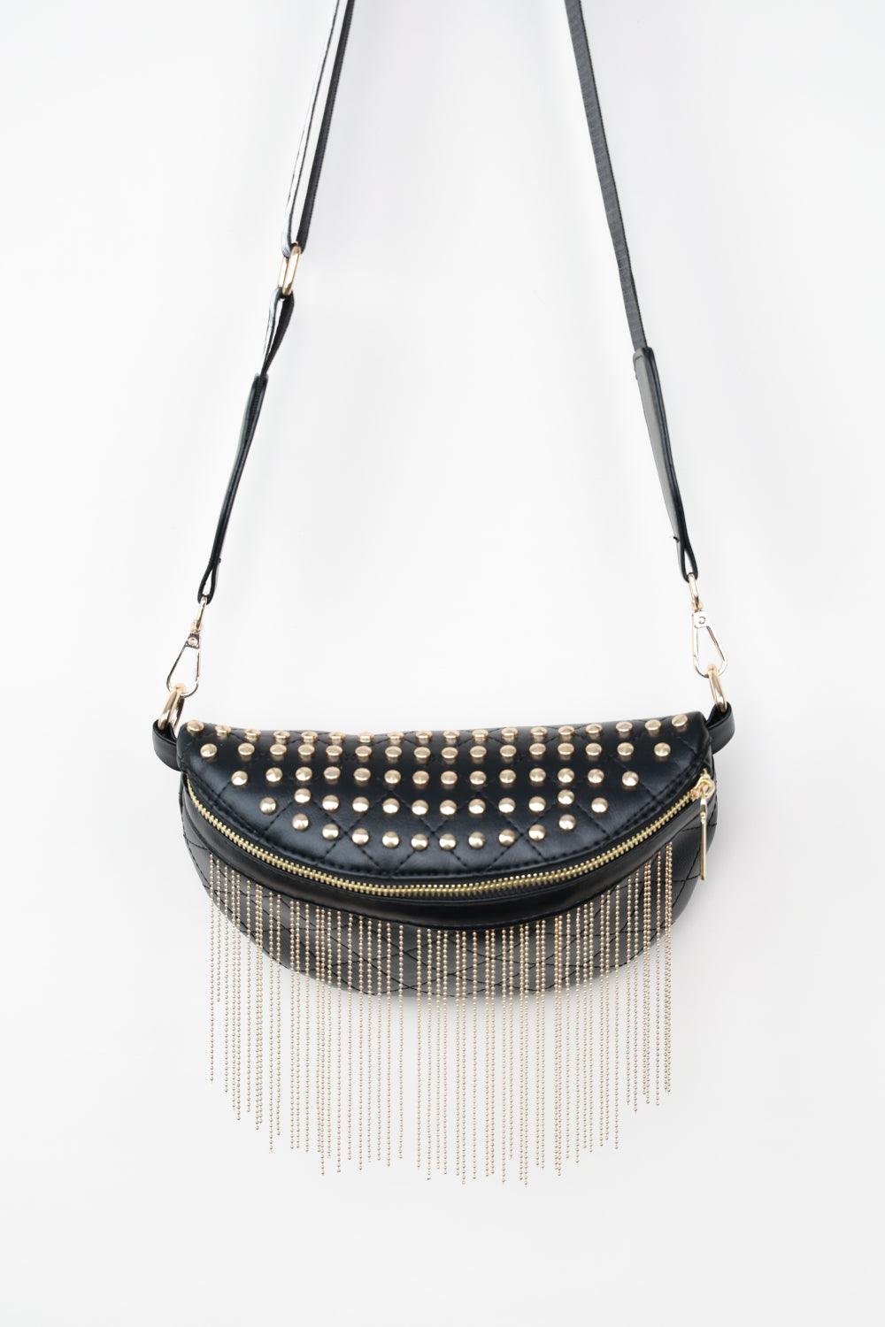 PU Leather Studded Sling Bag with Fringes Gold One Size