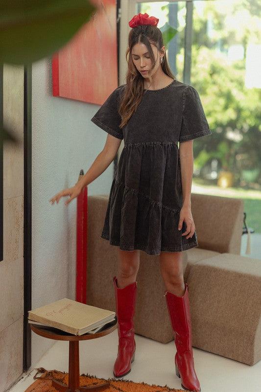 Annie Wear Mineral Washed Round Neck Short Sleeve Denim Dress Black