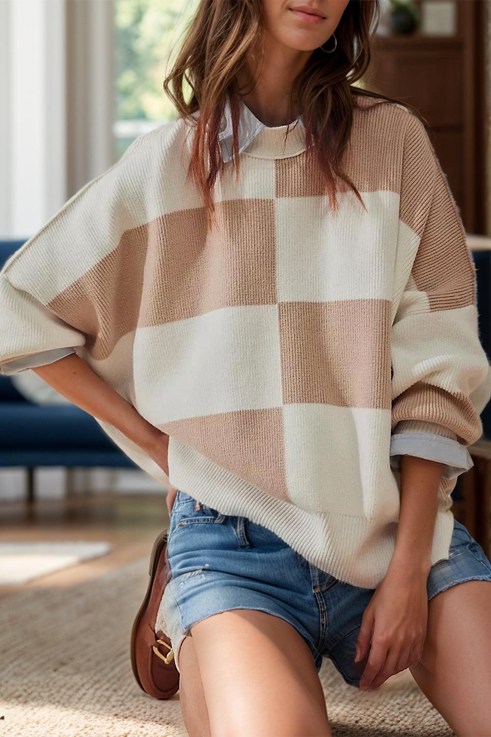 Color Block Round Neck Long Sleeve Sweater Dust Storm