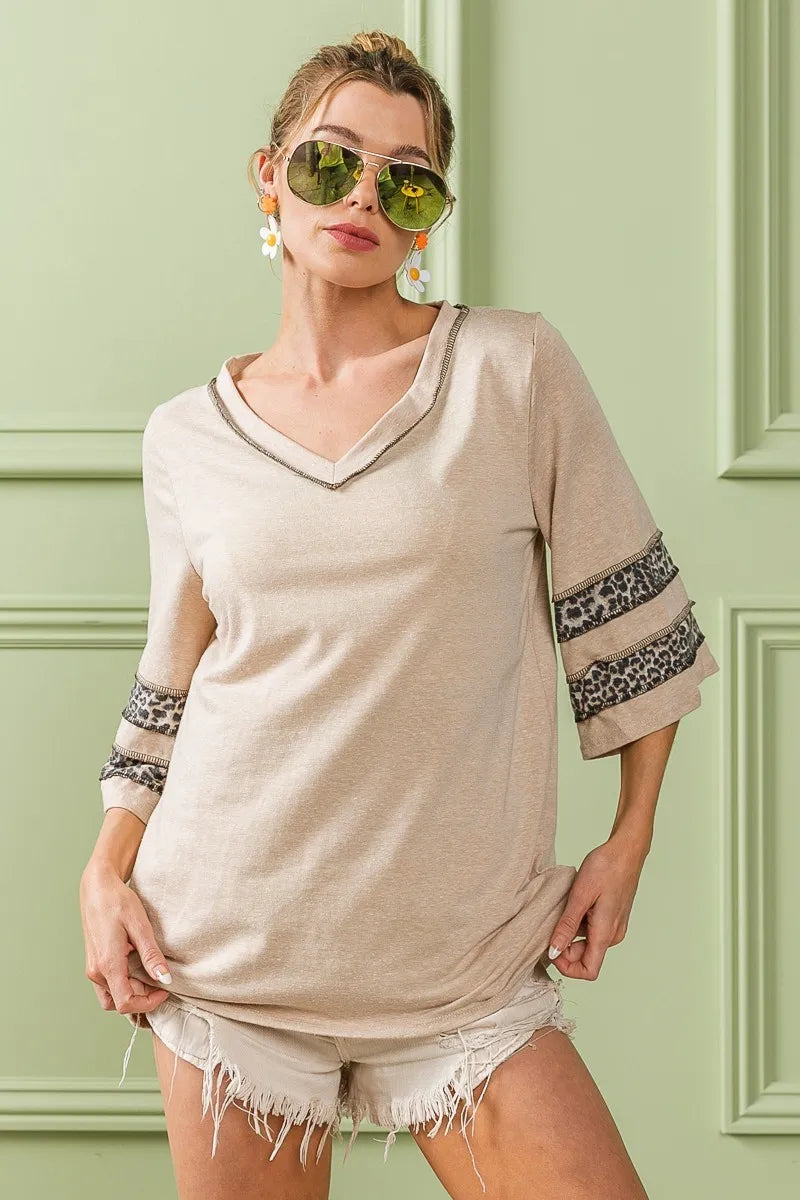 BiBi Triblend Knit Top with Leopard Band Detail
