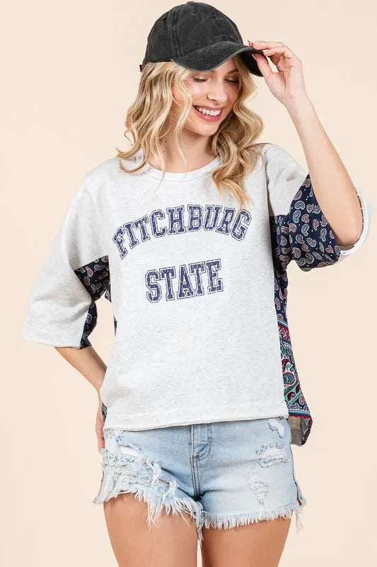 Lime 'N' Chili Fitchburg State Graphic Contrast Half Sleeve Top H GREY