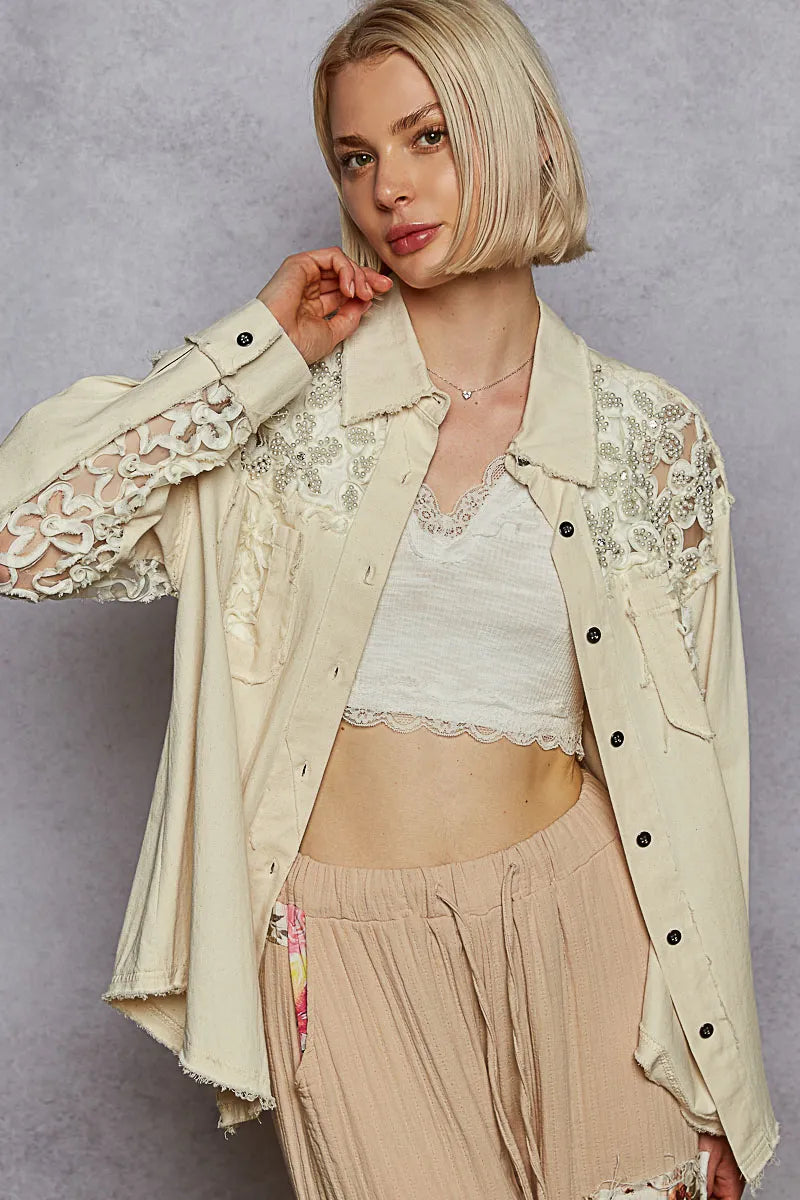 POL Button Down Raw Edg Shirt with Pearl Lace Patch OATMILK