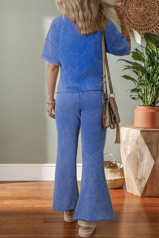 Acid Wash Star Patched Rolled Trim Top and Pants Set