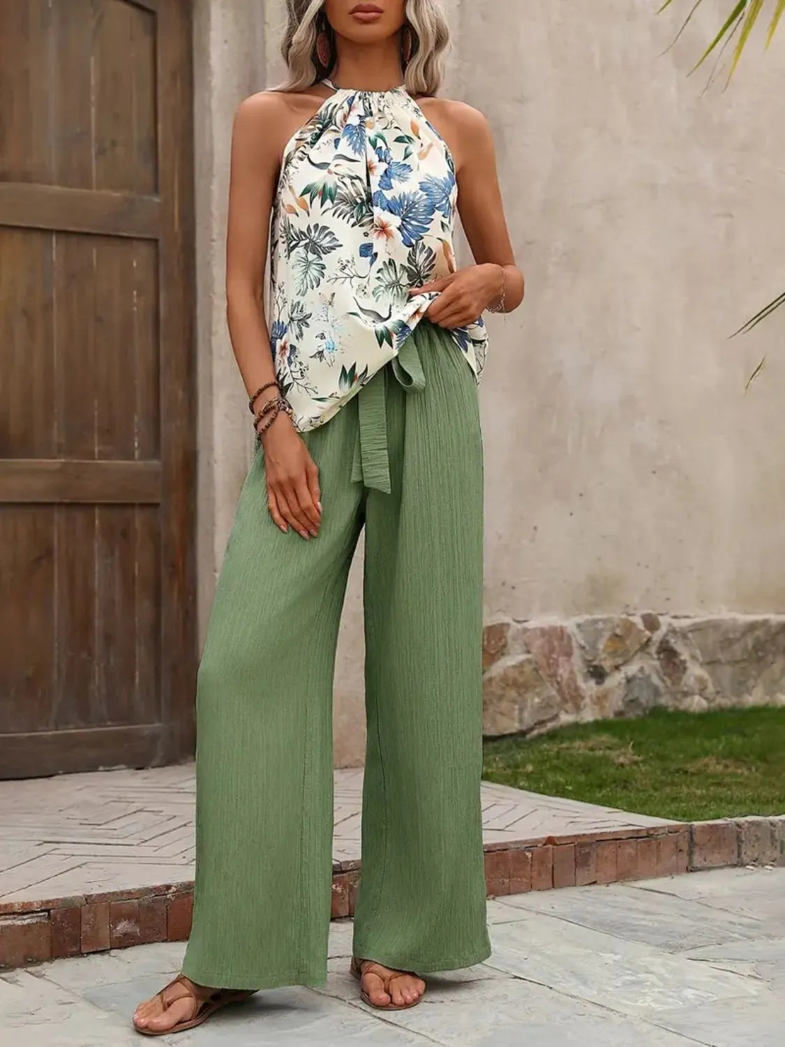Printed Tank Top and Wide Leg Pants Set Matcha Green