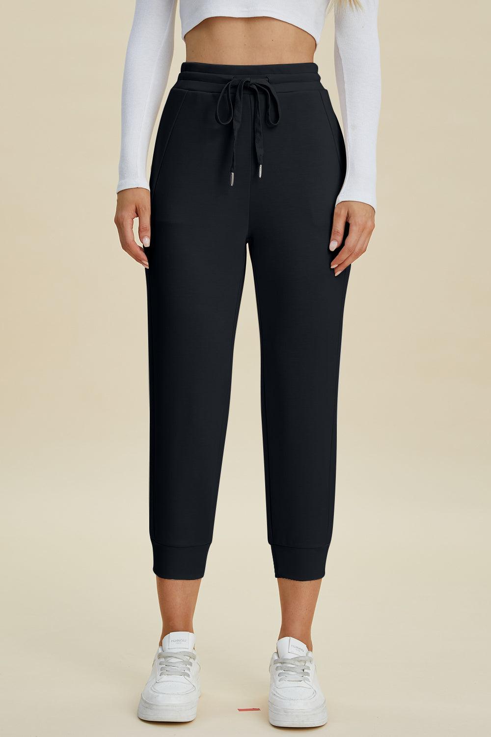 Basic Bae Full Size Air Scuba Drawstring High Waist Cropped Pants Black