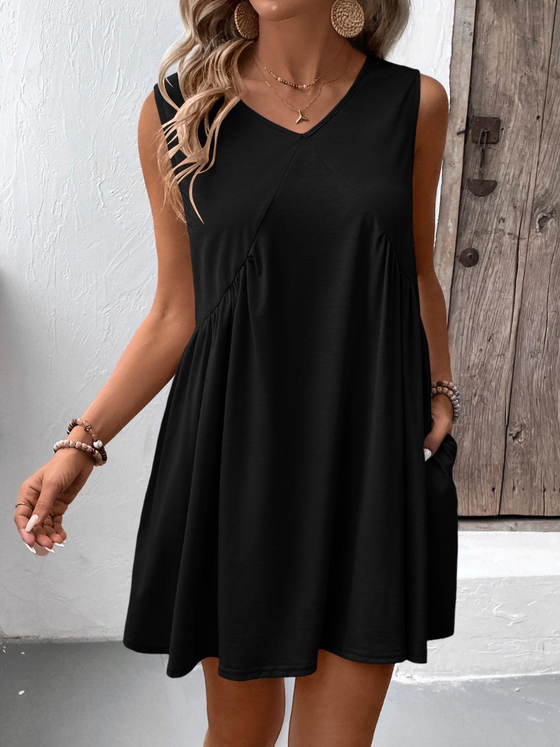 Ivy Lane Ruched V-Neck Sleeveless Mini Dress Black