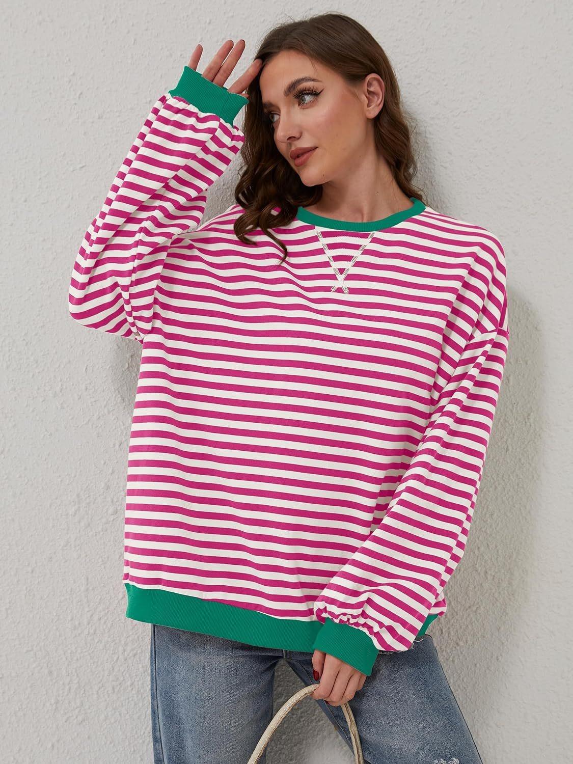 Lovelet Contrast Striped Long Sleeve Sweatshirt Deep Rose