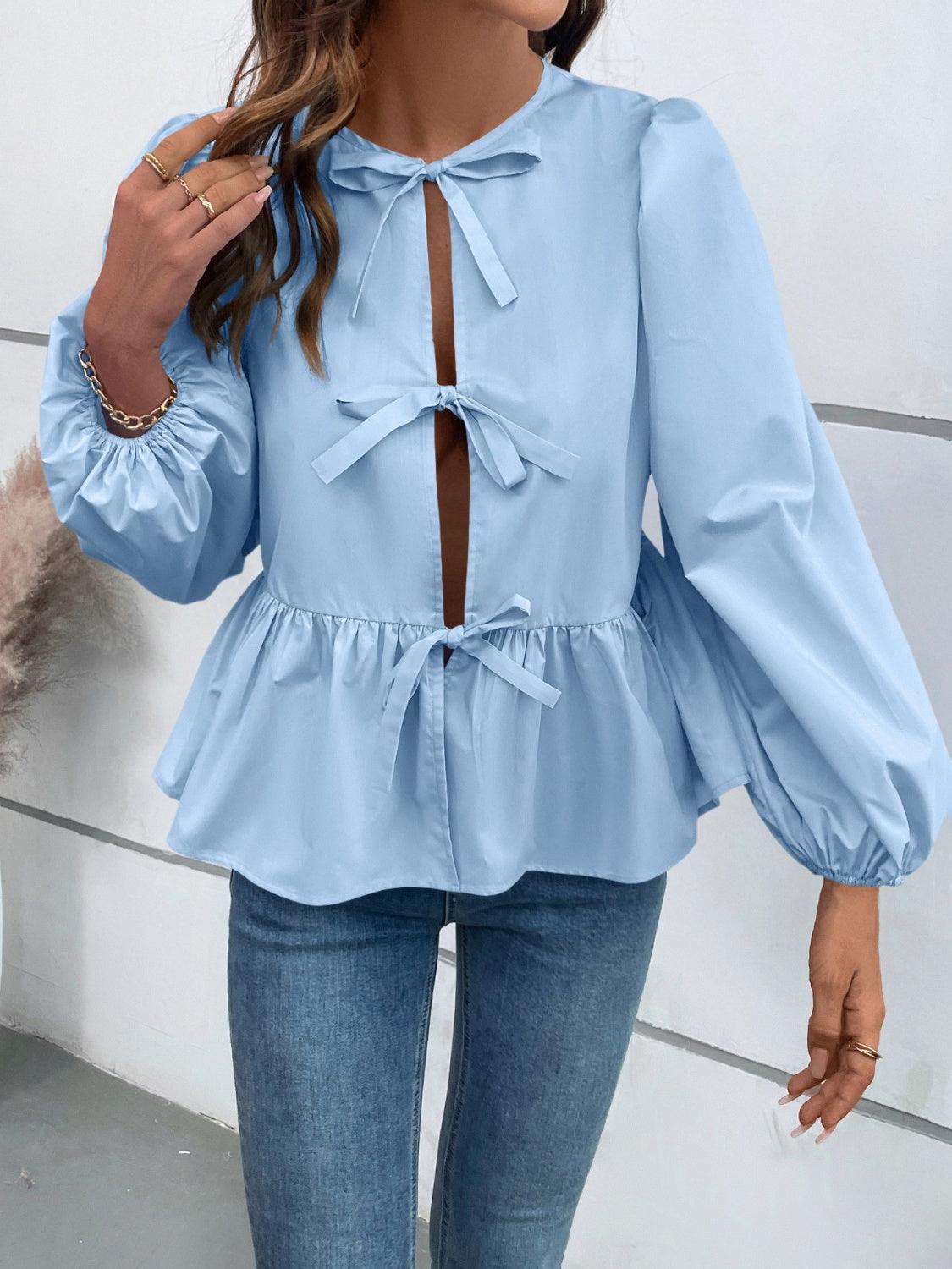 Ivy Lane Peplum Tied Long Sleeve Blouse Light Blue